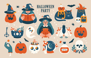 Collection of Halloween illustrations. Cartoon cute clip arts with black cat in witch hat, skull, pumpkins, ghost, hand with bone, crystal ball. Witches with magic old book and cauldron with potion