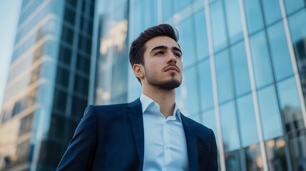 Fototapeta premium Young Businessman Looking Up in Urban Setting