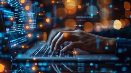 Close-up of hands typing on a laptop with a digital display on progress processing