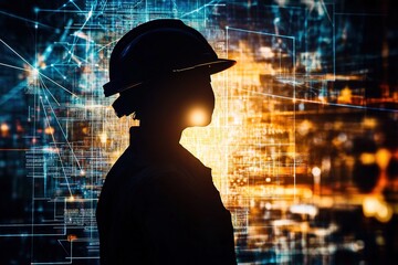Silhouette of an engineer with futuristic digital interface