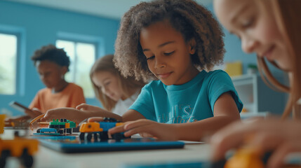 Fototapeta premium family playing video game, A group of elementary school children in a modern classroom setting, learning to code with small educational robots and tablets. The teacher is guiding them, and the kids ar