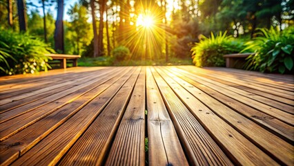Wood decking surface with a variety of rich textures and colors illuminated by natural sunlight