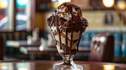 A mouthwatering photo of an ice cream sundae with chocolate brownies, vanilla, and dark chocolate 