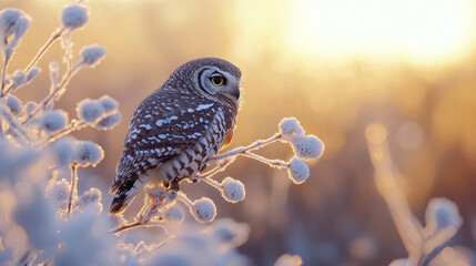 A hawk-owl perched on a frosty plant, bathed in the warm light of the morning sun.