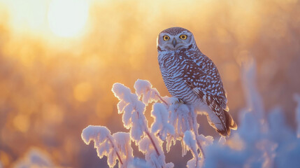 A hawk-owl perched on a frosty plant, bathed in the warm light of the morning sun.