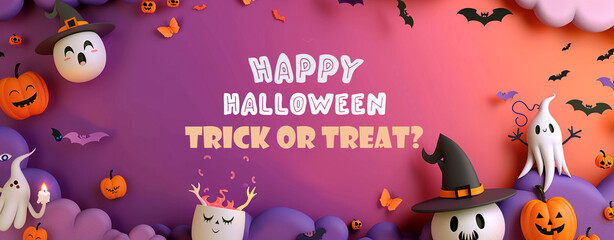 Fototapeta premium Happy halloween festival background design with pumpkin bats and spider trick or treat colorful decoration 