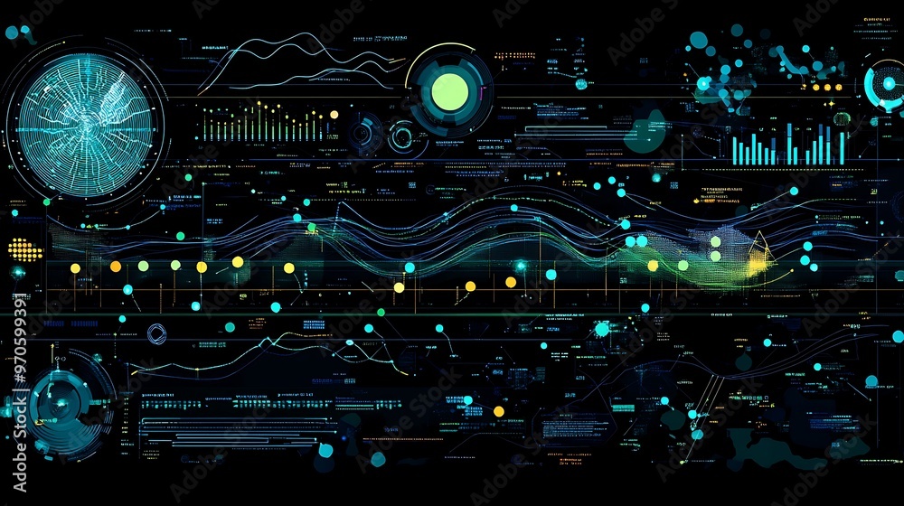 Poster Futuristic digital interface with glowing lines, circles, and data points