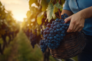 Close up female worker harvesting red grapes from vines in vineyard - Powered by Adobe