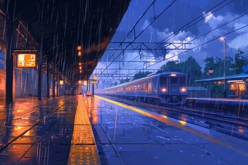 A Cozy Scene Of A Train Station In The Rain With Warm Light And Reflections On The Wet Platform Adding To The Serene Atmos, Generative AI