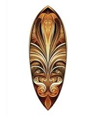A stylized surfboard with intricate golden patterns and a brown base.