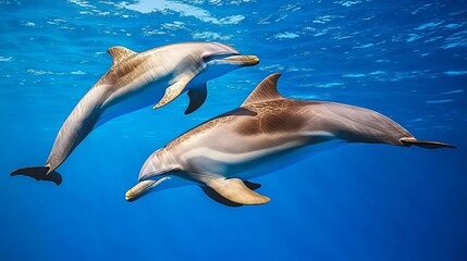 Obraz premium Two dolphins swim gracefully through crystal clear blue water, showcasing their playful nature in a serene underwater environment.
