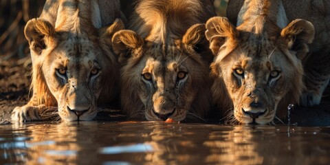 Three Lions Drinking Water After Finishing Their Hunted Meal