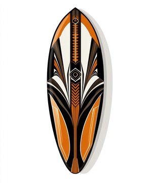 recommend clip art: Orange and black surfboard with geometric patterns.