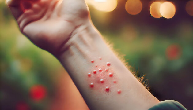 Close-up of a human forearm showing multiple red bumps and skin irritation, possibly caused by insect bites or an allergic skin reaction.