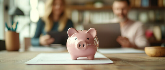 Obraz premium Close up focus on small piggybank on table with blurred middle aged old family couple doing financial paperwork, managing household budget or planning investment on background,
