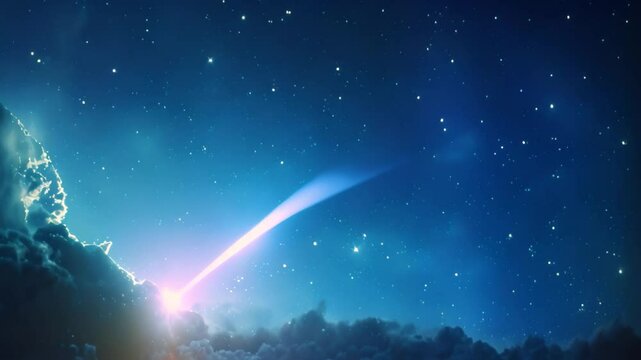 A bright, shimmering comet streaks through the dark night sky, leaving a luminous trail, A shimmering comet streaking through the night sky, leaving a trail of stardust in its wake
