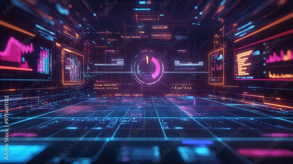 Poster Futuristic digital interface with glowing lines and data displays