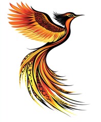 Obraz premium A fiery phoenix with outstretched wings, soaring against a white background.