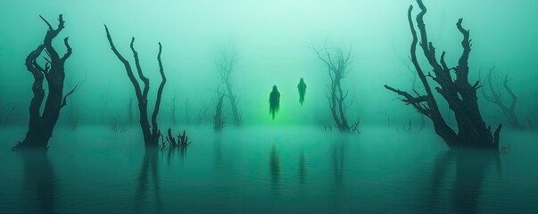 Eerie underwater scene with submerged trees, mist, and ghostly figures, creating a mysterious and tranquil atmosphere.