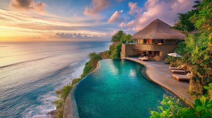 A luxurious villa perched on a cliff overlooking the tropical sea.	

