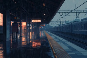 Obraz premium A Peaceful Rainy Train Station With Gentle Reflections On Wet Surfaces And Cozy Ambient Lighting. Cozy Vibe, Generative AI 