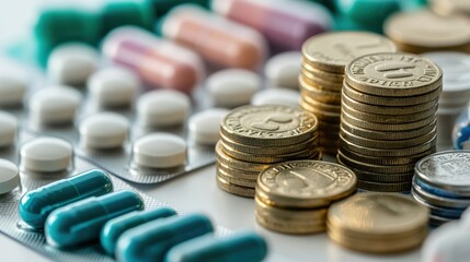 Stacked Coins and Medications on Table Concept of Healthcare Costs and Financial Management
