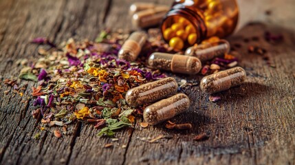 Assortment of Herbal Supplements and Medicines on Rustic Wooden Surface