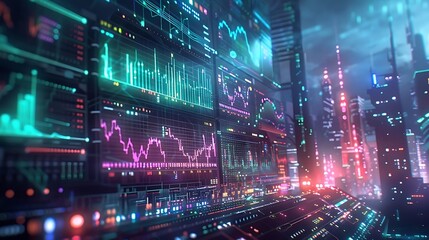 Fototapeta premium The image depicts a futuristic landscape with a glowing mountain surrounded by a digital grid. The scene features vibrant lights and geometric patterns, suggesting a blend of nature and technology