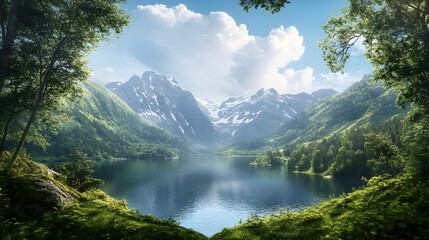 Fototapeta premium Lake and mountain vista through heart-shaped view picture