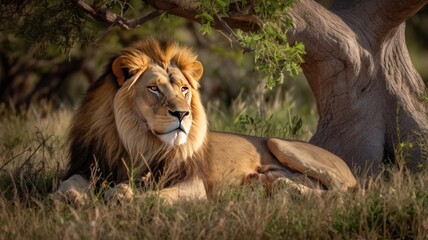 Obraz premium Majestic Lion Resting Under a Tree