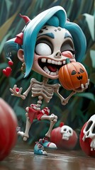 Naklejka premium Cheerful Skeleton Girl Holding Pumpkin