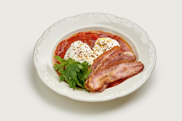 A classic Shakshuka dish with poached eggs, a flavorful tomato sauce, and fresh herbs, elevated with crispy bacon. This hearty and satisfying breakfast is perfect for any occasion.