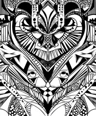 Fototapeta premium Abstract black and white symmetrical pattern with geometric shapes and intricate details.