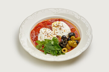 A classic Shakshuka dish with poached eggs, a flavorful tomato sauce, and fresh herbs. The dish is garnished with olives and is a popular Middle Eastern breakfast.