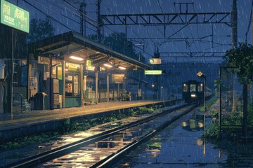Obraz premium A Peaceful Train Station In The Rain With Warm, Inviting Light And Cozy Reflections On Wet Platforms. Cozy Vibe, Generative AI