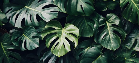 Close up shot of large green Monstera leaves