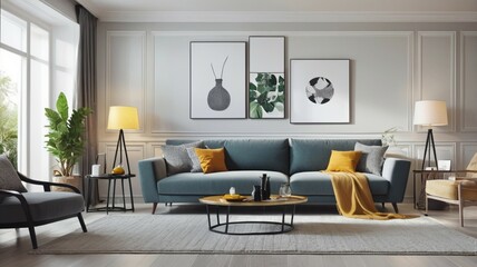 Fototapeta premium a living room interior design with a couch a coffee table and a painting on the wall 