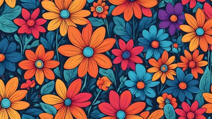 A colorful seamless pattern of bright, cheerful, hand-drawn flowers on a dark background.