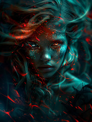 A dark and mystical portrait of a woman, with glowing eyes and elements of fire and energy surrounding her, creating an intense and otherworldly atmosphere