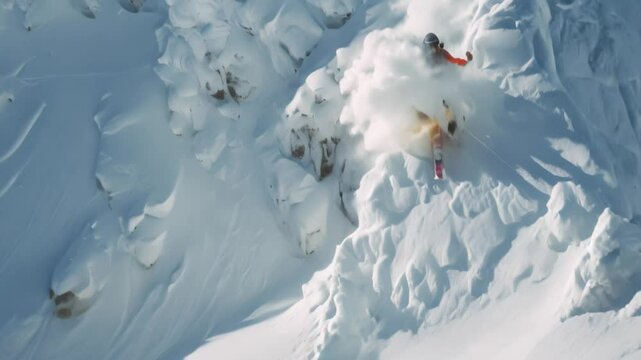 A snowboarder carves through a narrow, steep couloir in the snowy mountains, A snowboarder making their way down a steep, narrow chute