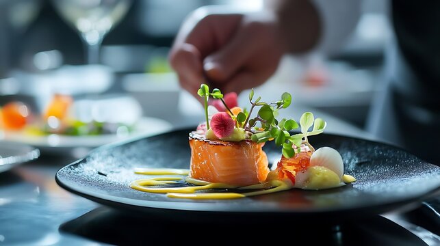 Close-up of Gourmet Salmon Dish on Black Plate