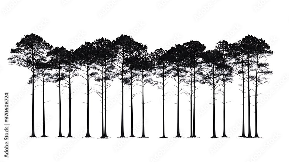 Poster silhouette of a row of tall pine trees against a white background