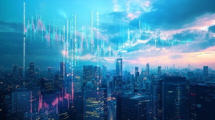 Fototapeta premium A futuristic city where stock market data is projected onto the sky, blending with the clouds