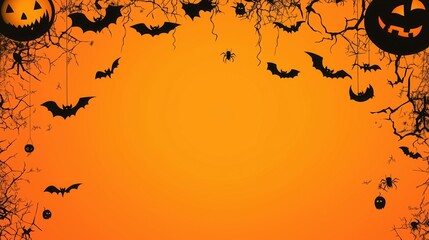 halloween holiday card with party decorations of pumpkins bats spiders ghosts on orange background with copyspace