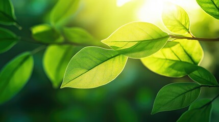 Close-up of fresh green leaves in the sunlight, symbolizing environmental sustainability. Ample space for copy.