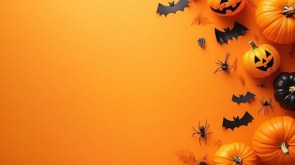halloween holiday card with party decorations of pumpkins bats spiders ghosts on orange background with copyspace