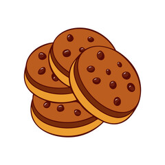 Cookies with chocolate chips crumbs and filling isolated on white background, icon and logo drawing.