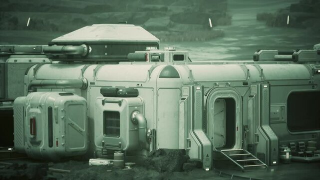 High-tech research base for settlers on an alien planet, featuring sleek architecture and advanced technology.