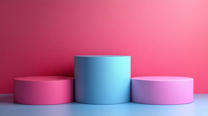 A vibrant display of cylindrical podiums in blue, pink, and pastel hues, set against a modern, minimalistic background.