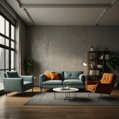 a living room interior design with a couch a coffee table and a painting on the wall
